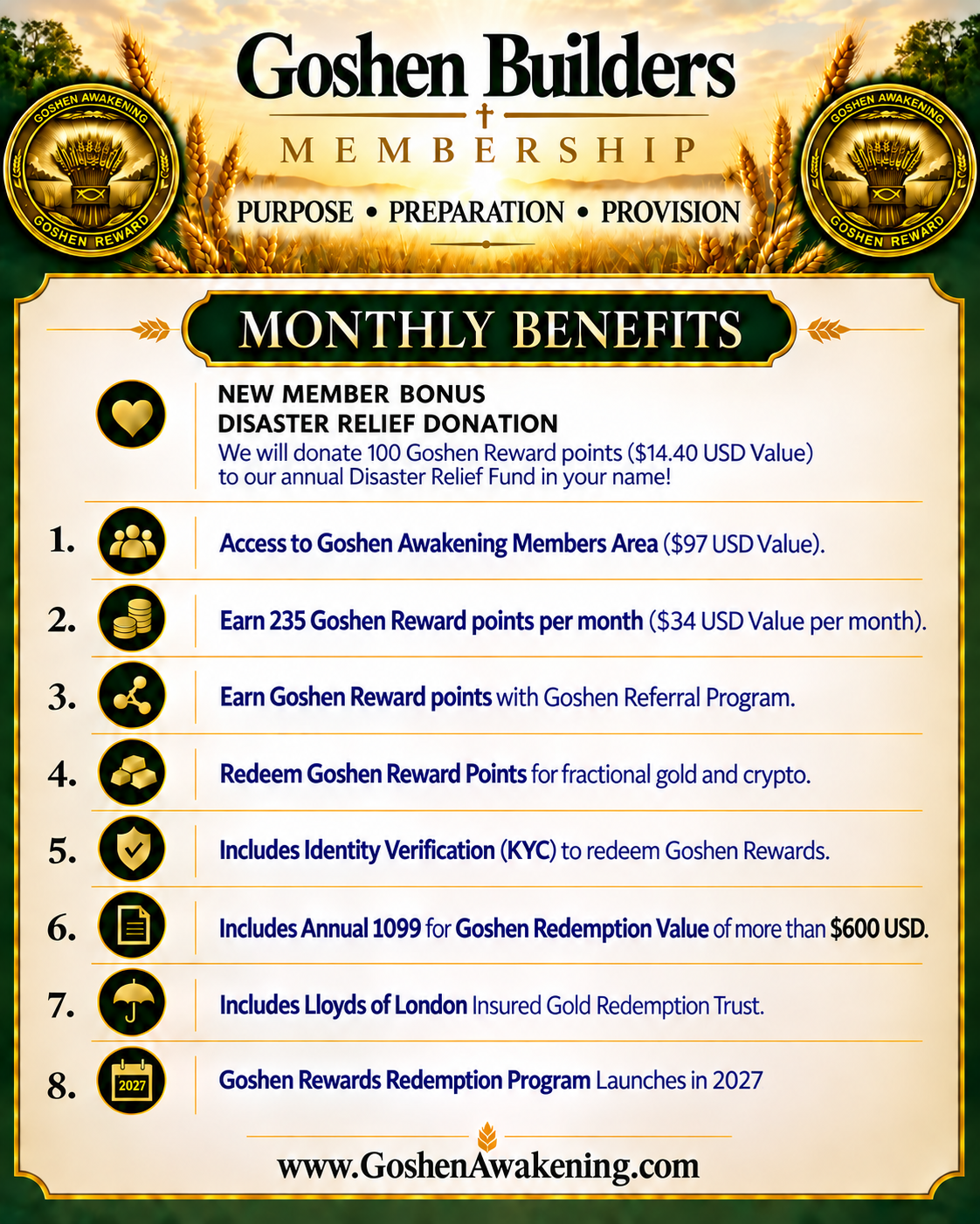 Goshen Builders Membership Includes 235 Monthly Goshen Rewards