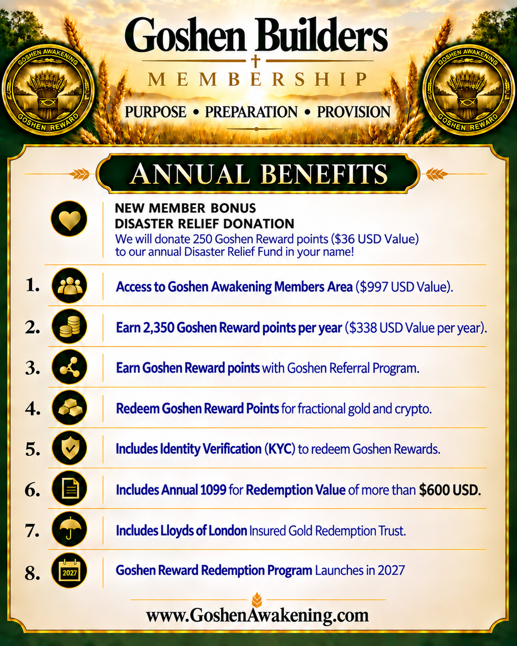 Goshen Builders Membership Includes Annual 2,350 Goshen Rewards (2 FREE Months)