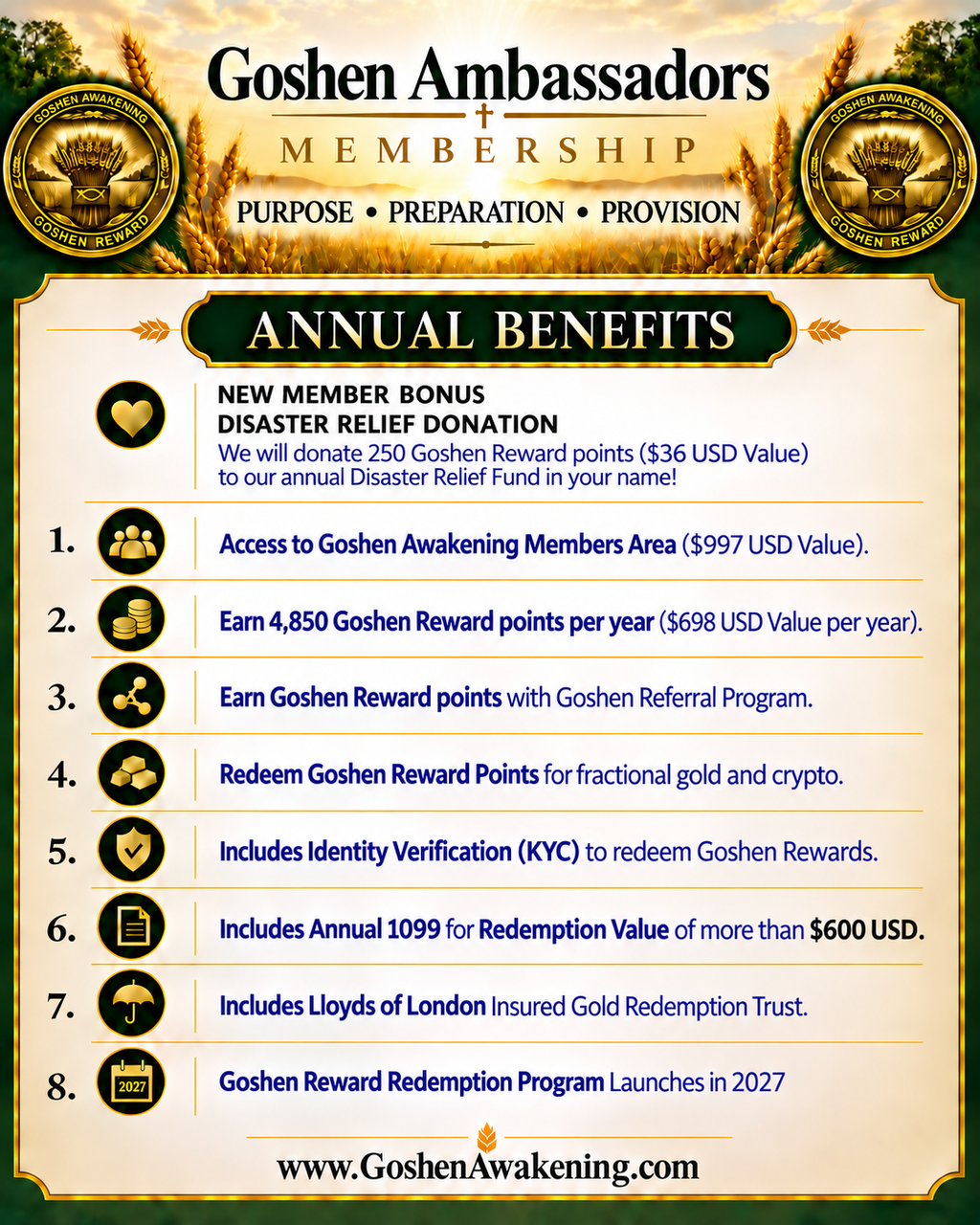 Goshen Ambassadors Membership Includes Annual 4,850 Goshen Rewards (2 FREE Months)