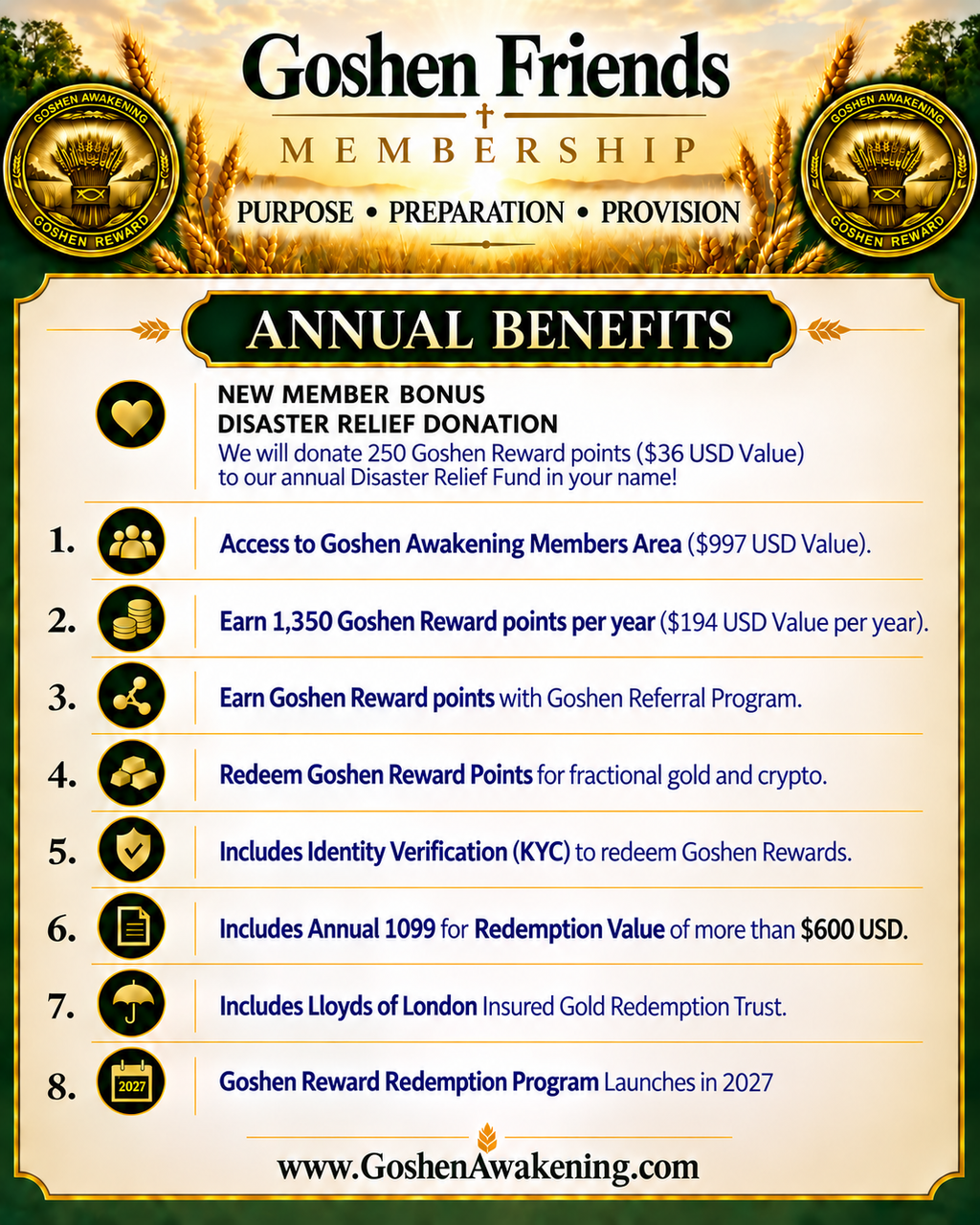 Goshen Friends Membership Includes Annual 1,350 Goshen Rewards (2 FREE Months)